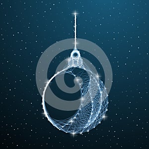 Christmas balls low poly decoration on blue background with star and snow. Polygonal ball christmas tree decorative