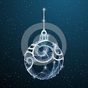 Christmas balls low poly decoration on blue background with star and snow. Polygonal ball christmas tree decorative