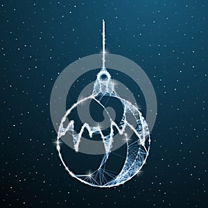 Christmas balls low poly decoration on blue background with star and snow. Polygonal ball christmas tree decorative