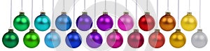 Christmas balls many baubles banner with colorful colors color decoration hanging isolated on white