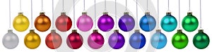 Christmas balls many baubles banner colors color colorful decoration hanging isolated on white