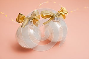 christmas balls-Modern set of glass decorations with white feathers. New Year's Pearl, pink, gold