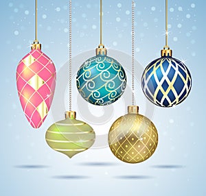 Christmas balls ornaments hanging on gold thread. Vector illustrations.
