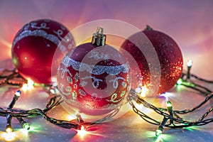 Christmas balls on red background