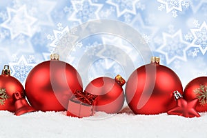 Christmas balls red decoration snow stars background copyspace