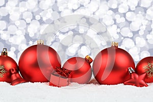 Christmas balls red decoration snow winter background copyspace
