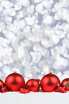 Christmas balls red decoration snow winter background portrait f