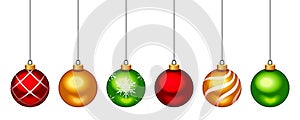 Christmas balls. Red, gold, and green hanging Christmas balls. Vector illustration