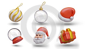Christmas balls, red hat with pompon, Santa Claus head, snow globe, gift box