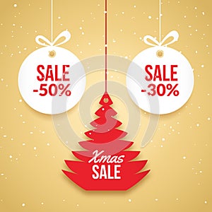 Christmas balls sale. Special offer vector tag. New year holiday card template. Shop market poster design with xmas tree