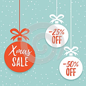 Christmas balls sale. Xmas sale background. Winter holiday discount offer clearance red template.Special offer vector