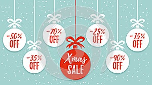 Christmas balls sale. Xmas sale background. Winter holiday discount offer clearance red template.Special offer vector