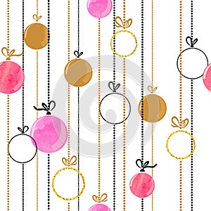 Christmas balls seamless pattern in pink and golden colors.