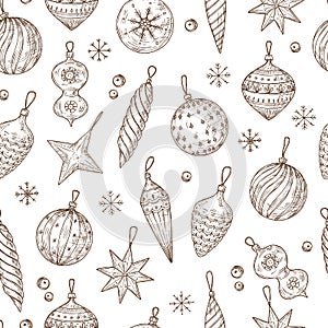 Christmas balls seamless pattern. Xmas tree decorations and snowflakes. Winter holidays, new year vector hand drawn