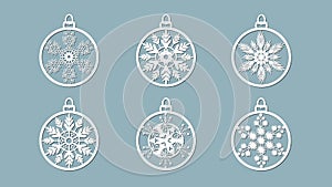 Christmas balls set with a snowflake cut out of paper. Templates for laser cutting, plotter cutting or printing. Festive