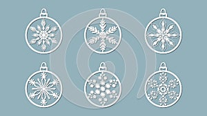 Christmas balls set with a snowflake cut out of paper. Templates for laser cutting, plotter cutting or printing. Festive