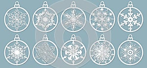 Christmas balls set with a snowflake cut out of paper. Templates for laser cutting, plotter cutting or printing. Festive