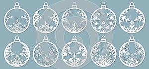 Christmas balls set with a snowflake cut out of paper. Templates for laser cutting, plotter cutting or printing. Festive