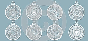 Christmas balls set with a snowflake cut out of paper. Templates for laser cutting, plotter cutting or printing. Festive