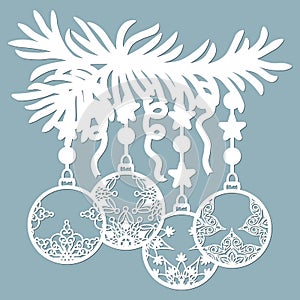 Christmas balls set with a snowflake Hanging on the tree cut out of paper. Templates for laser cutting, plotter cutting or