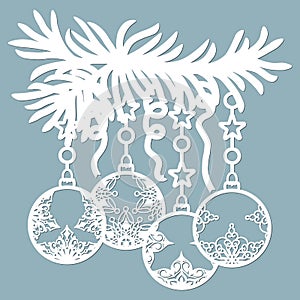 Christmas balls set with a snowflake Hanging on the tree cut out of paper. Templates for laser cutting, plotter cutting or