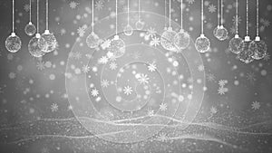 Christmas Balls Shape and Shining Light with Particles Falling Snowflakes, White Background Merry Christmas Concept Greeting Card