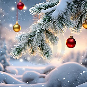 Christmas balls on a snow-covered branch of a fir tree