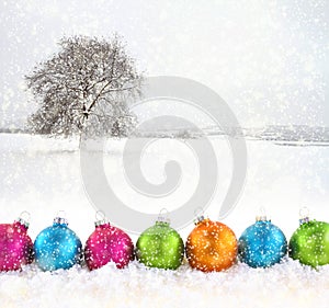 Christmas balls with snowfield photo