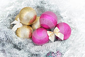 Christmas balls and snowflake on abstract winter background