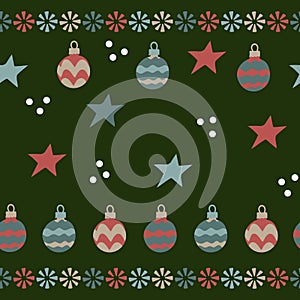 Christmas balls, stars, snowflakes . Seamless pattern on greenbackground. Hand drawn Vector illustrations