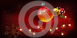 Christmas balls with text Merry Christmas and bulb light stripes on Xmas ornaments red background