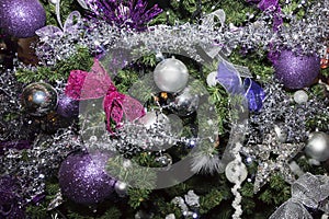 Christmas balls, traditional decorations for xmas tree, silver and purple combination