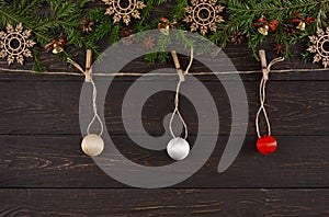 Christmas balls on twine rope, garland frame background