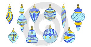 Elegant Christmas balls in yellow-blue tones, set