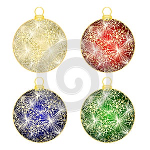 Christmas balls  on white background. Festive xmas decoration gold red blue green  glass christmas balls and glossy snowflakes as