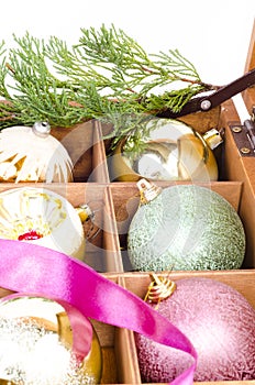 Christmas balls in wooden box