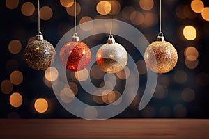 Christmas balls on a wooden table in front of bokeh background, Christmas balls hanging on an out of focus background, AI