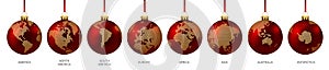 Christmas Balls with World dotted Globe - Maps - Continent - America Europe Asia Europe Africa Australia