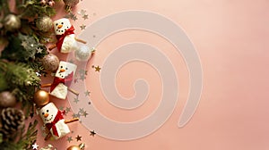 Christmas baner. Marshmellow snowmen with winter decorations over pink background. Copy space