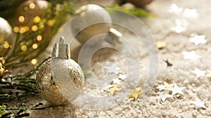 Christmas baner with silver baubles, winter decoration, copy space