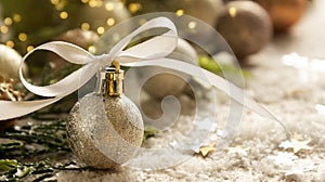 Christmas baner with silver baubles, winter decoration, copy space