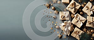 Christmas Banner. Background Xmas design of garland with gifts box, starse and glitter gold confetti. Horizontal christmas poster