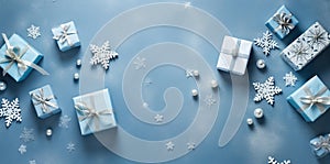 Christmas banner. Background Xmas design of realistic blue gifts box