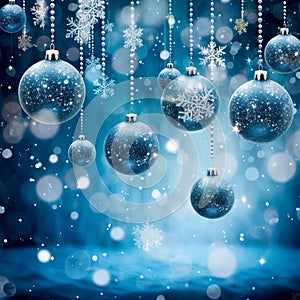 Christmas banner with balls and snowflakes on a sky blue background with bokeh lights. Christmas design for greeting