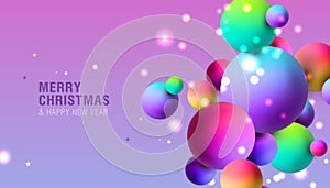 Christmas banner with bauble decoration balls on pink twinkle stars background, vector illustration