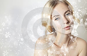 christmas banner for beauty product with woman face portrait with wrinkles repair, 2020 christmas skin treatment