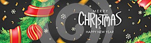 Christmas banner. Black Christmas background with christmas balls, snowflakes and gold confetti. Horizontal christmas poster, gre