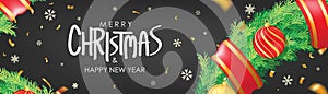 Christmas banner. Black Christmas background with christmas balls, snowflakes and gold confetti. Horizontal christmas poster, gre