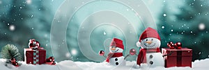 Christmas banner with blank space for text, snowman celebrate with giftboxes, fir tree branches and red ornaments green background