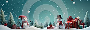 Christmas banner with blank space for text, snowman celebrate with giftboxes, fir tree branches and red ornaments green background